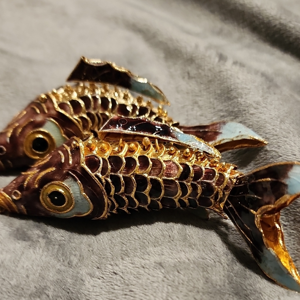 Ornamental Cloisonné Fish Pair - Gold, Brown & Light Blue